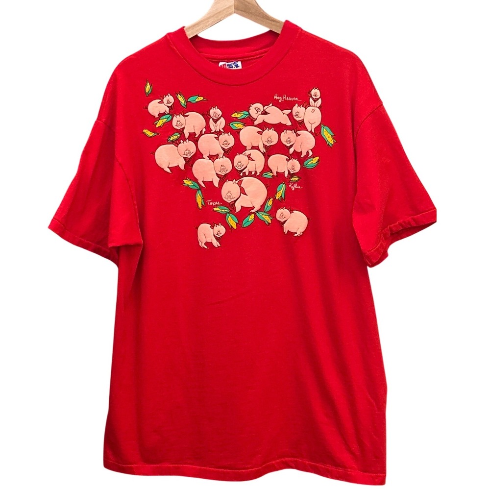 Hanes Beefy T Hog Heaven Texas Graphic T Shirt Red Cotton X Large